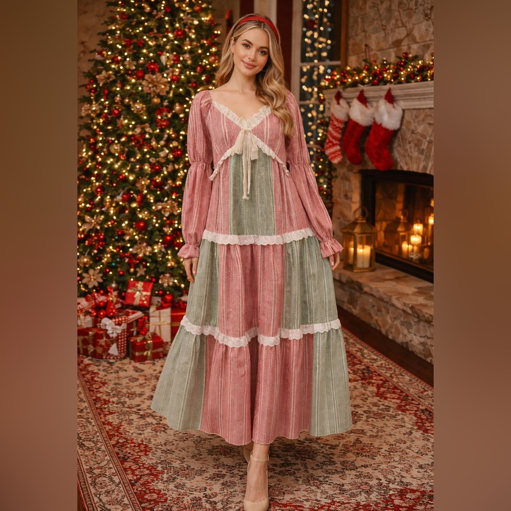 Rareraw Red & Green Gingham Tiered Skirt Maxi Dress
